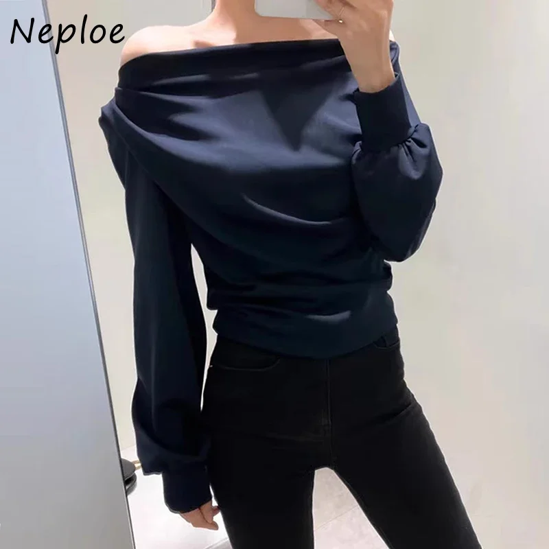 Neploe Korean Chic Autumn Niche Style Slash Neck Top Sloping Shoulder Design Exposed Collarbone Loose Versatile Slim T-Shirt