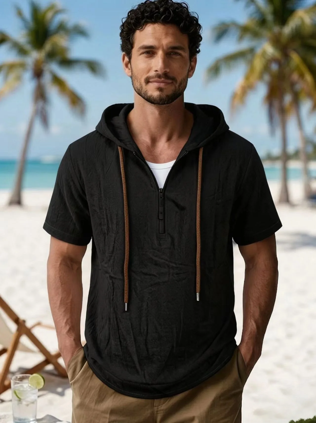 2026 Summer new style Men's pure color zipper Linen hooded fitness short-sleeved Men sports casual sandbeach running T-shirt top
