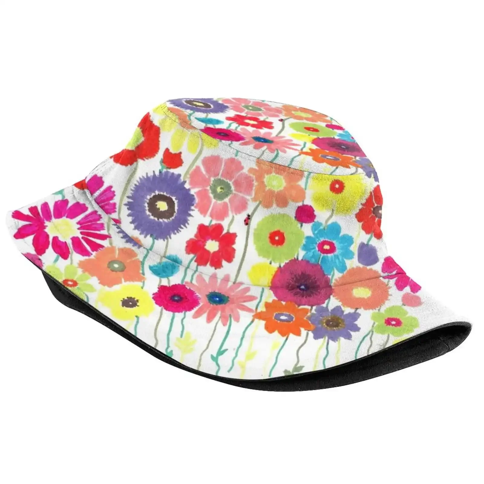 Gaby's Garden Flat Top Breathable Bucket Hats Handpainted Handpainting Wild Flowers Floral Assortment Garden Black Artist