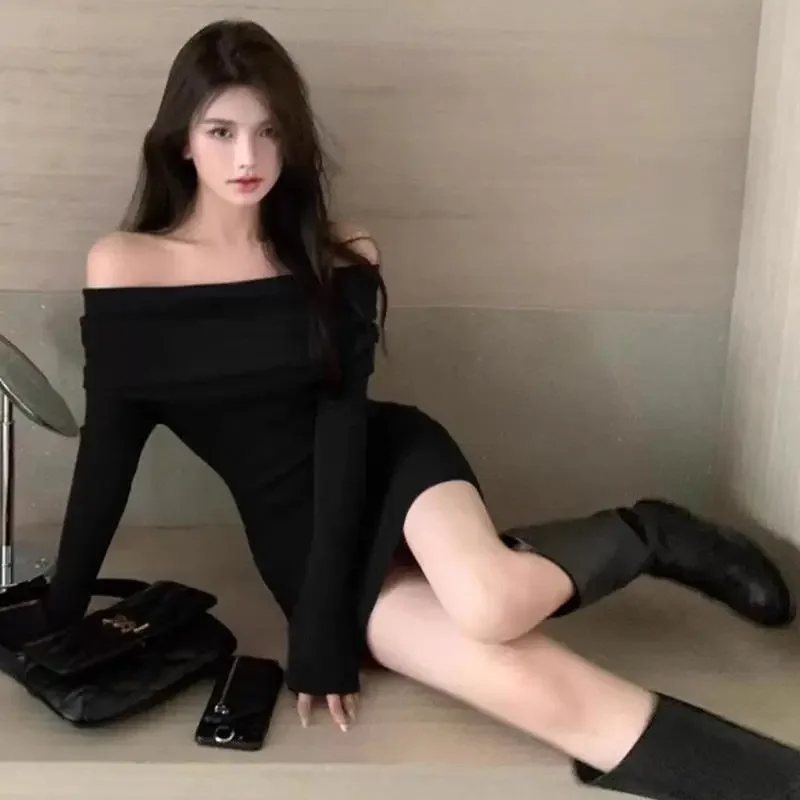 Zwart Off Schouder Mini Jurken Elegante Lange Mouw Mode Slanke Sexy Vrouwen Herfst Winter Kleding Skinny Trui Jurk Bodycon