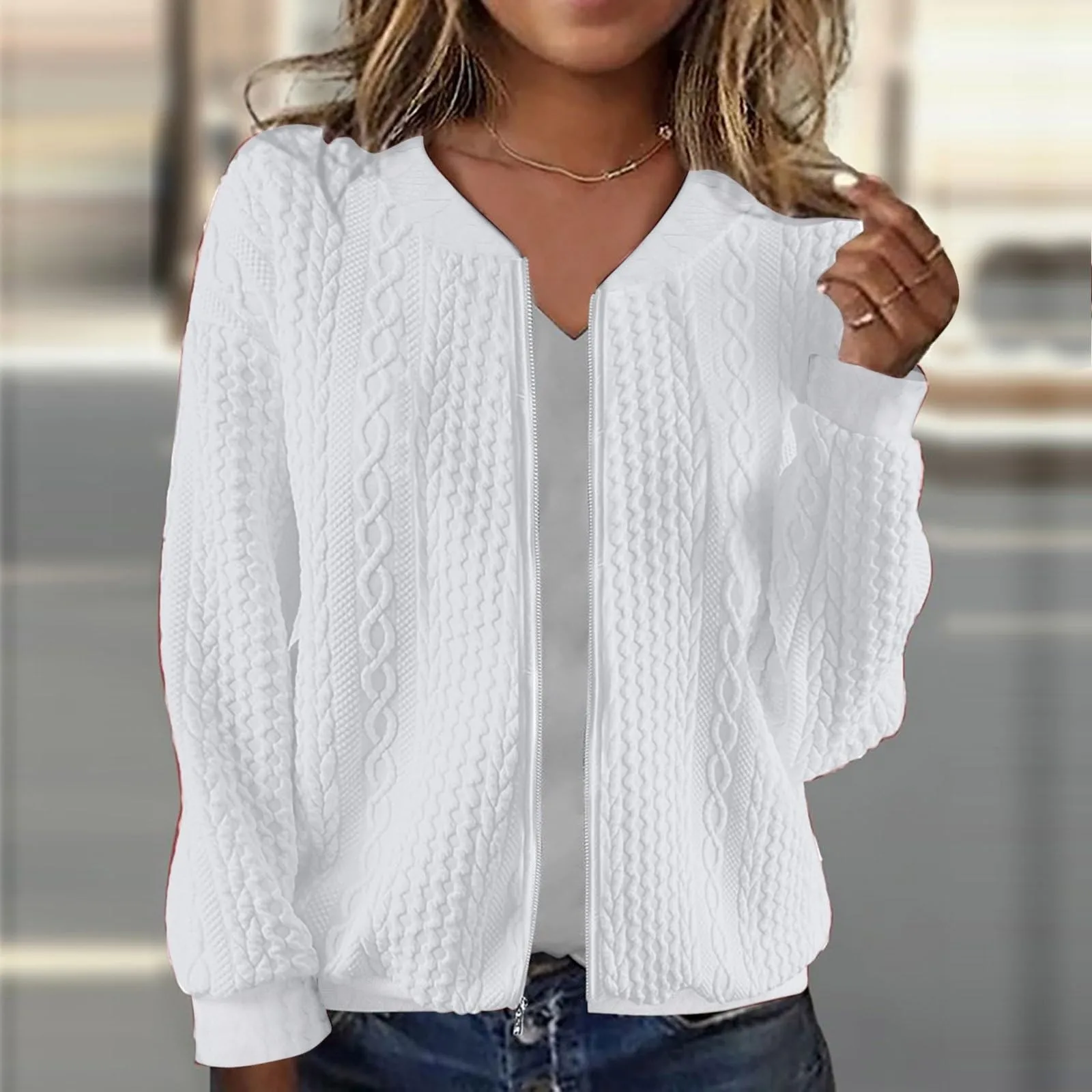 

Women's White Black Bomber Jackets Casual Jacquard Design Long Sleeved Zip Up Short Jacket For Women Fall Spring Outwear Top
