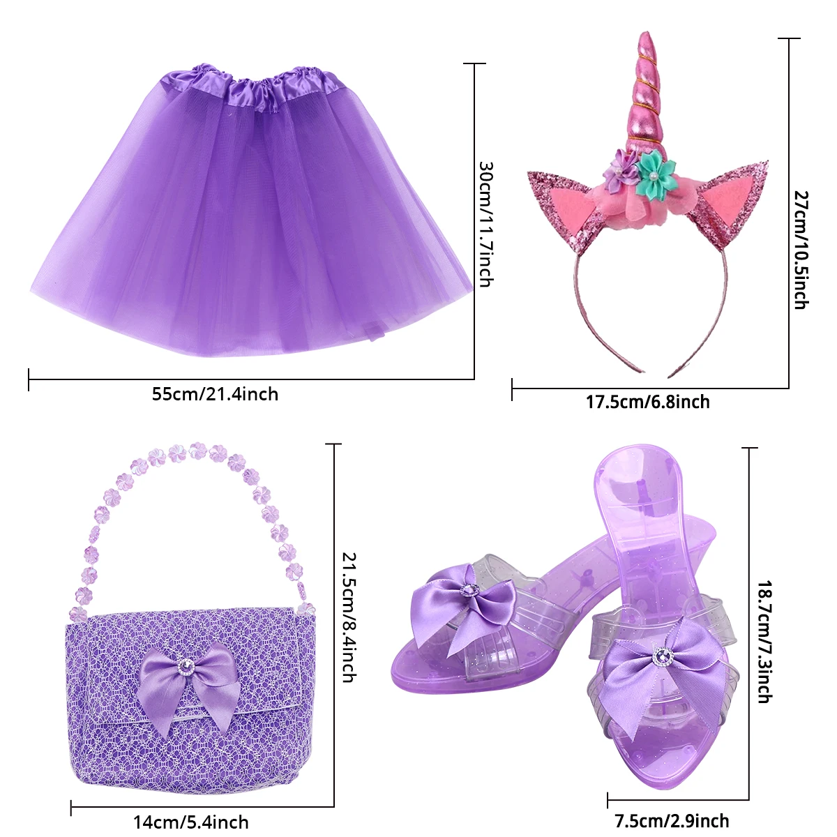Princess chiffon dress handbag high heels unicorn headband accessory set