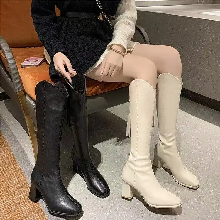 Knee-high Winter Fashion Boots Women's Square Head Long Boots Thick Heel Booties Not over Knee Rubber Outsole Fabric Inner