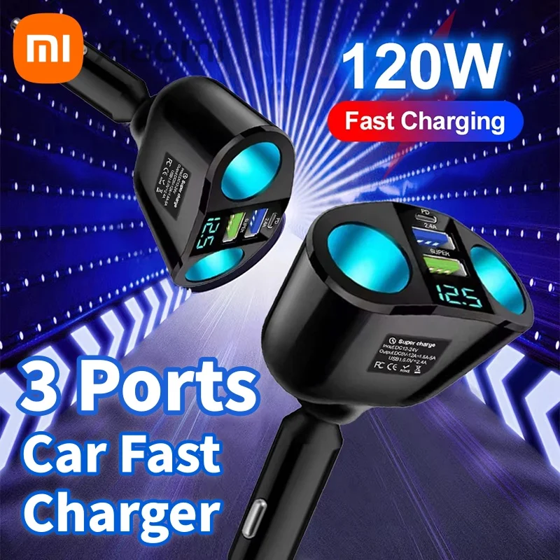 

Xiaomi 3-портовое автомобильное зарядное устройство PD Type C, быстрая зарядка, прикуриватель с цифровым дисплеем, двойной порт, адаптер питания для автомобильного телефона