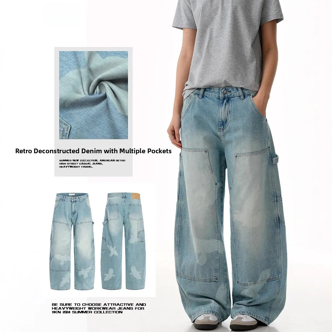 

American Decosition Bird Pattern Jeans Loose Waed ex Cleanfit Long Pants High Waist Cotton Straight Leg Jeans