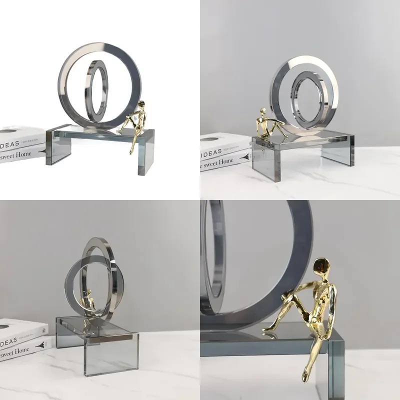 European Light Luxury Geometric Crystal Ring Statuette Desktop Ornament for Living Room Entrance Study BnB Home Decoration