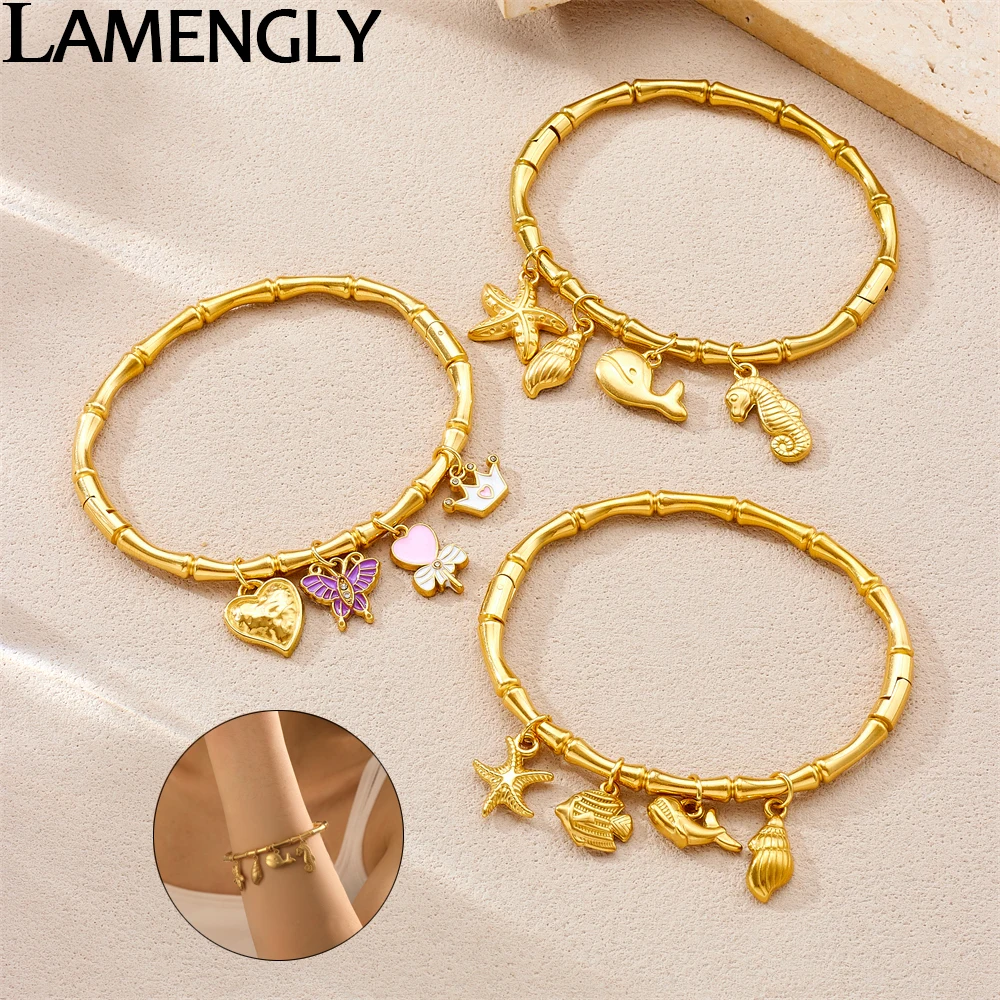 

LAMENGLY 316L Stainless Steel Animal Ocean Style Starfish Conch Whale Pendant Bracelet For Women Exquisite Bamboo Joint Bangle