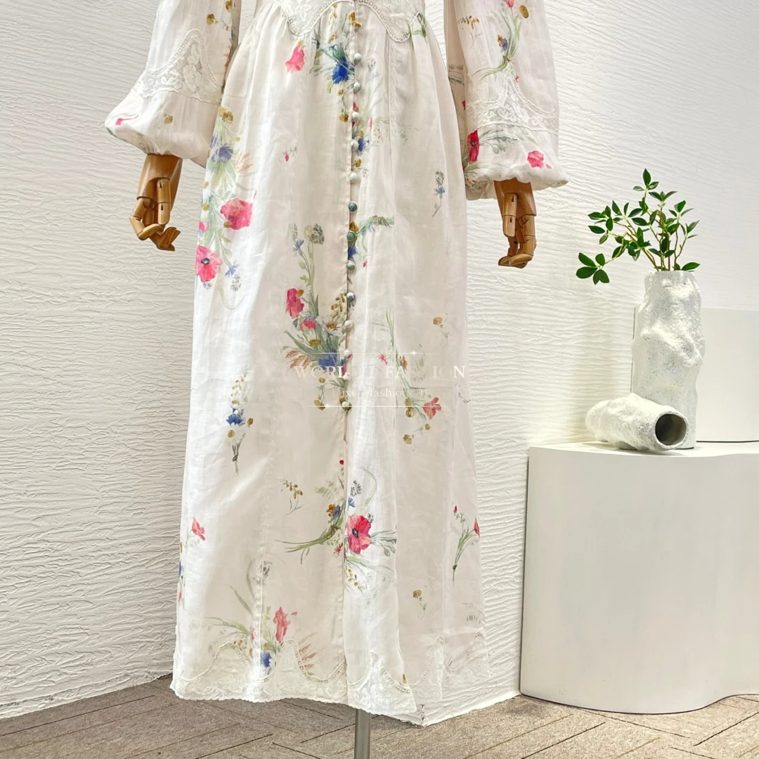 Holiday Beach Style Series White Elegant Floral Print Full Lantern Sleeve Linen Women High Quality Midi Dresses