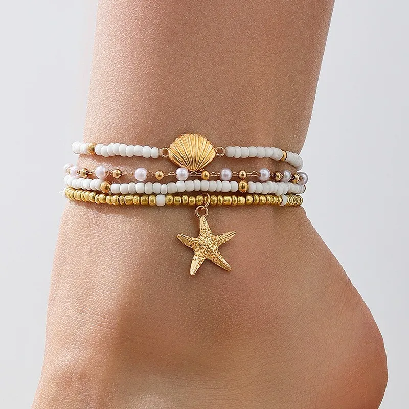 4pcs/set Handmade Beach Bead Anklet for Women Jewelry Retro Fashion Starfish Shell Beads Stone Pendant Ankle Chain Foot Jewelry