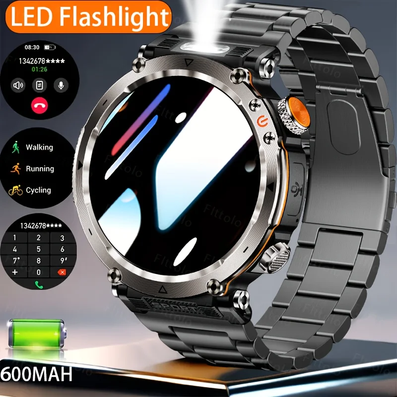 

5ATM Waterproof Military Smartwatch For Men LED Flashlight 1.85-inch 600mAh heart Outdoor Sports Compass