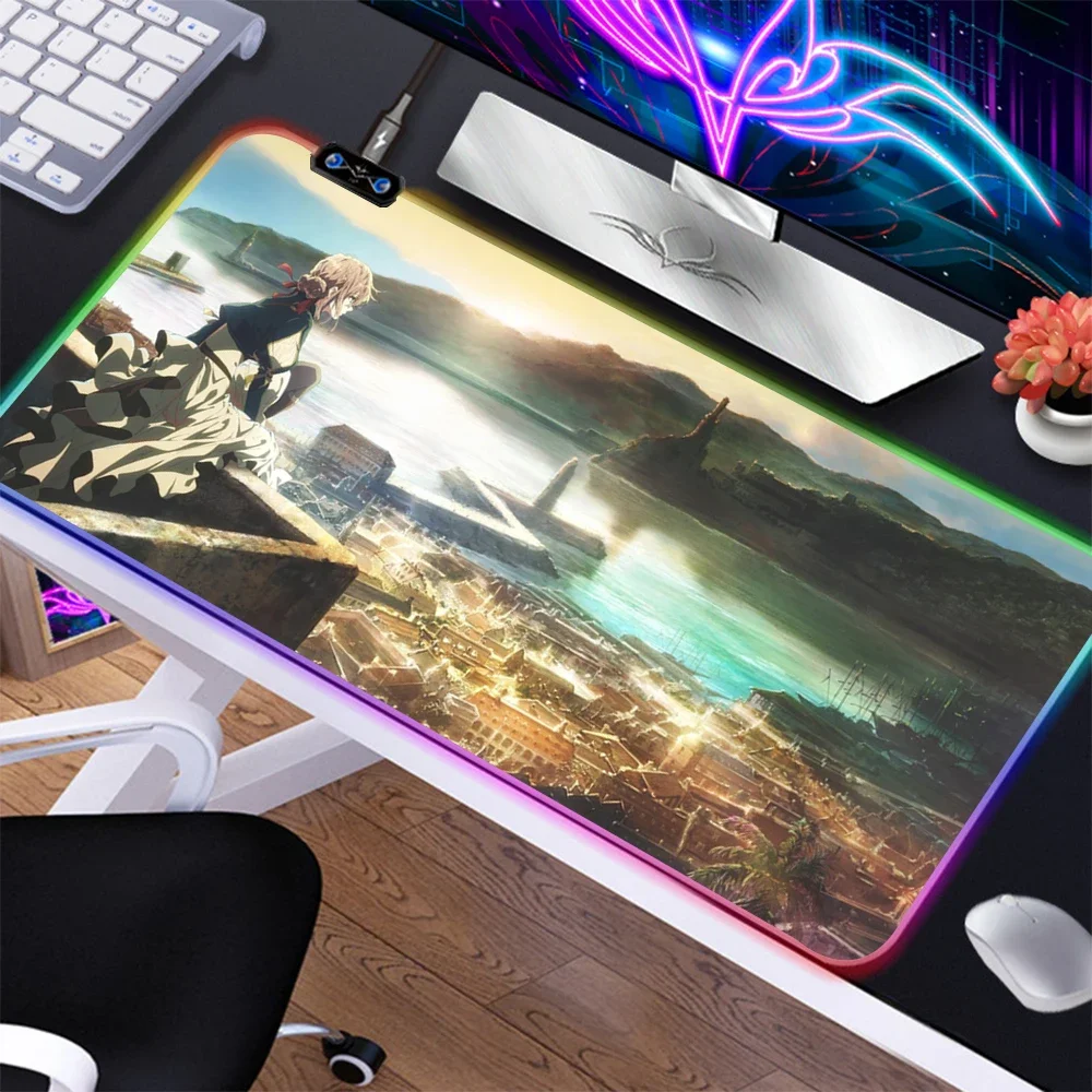 

RGB Anime Violet Evergarden Mouse Pad Gaming Accessiores XXL Mousepad Rubber No-slip Mause Pad LED with Backlit Tapis De Souris