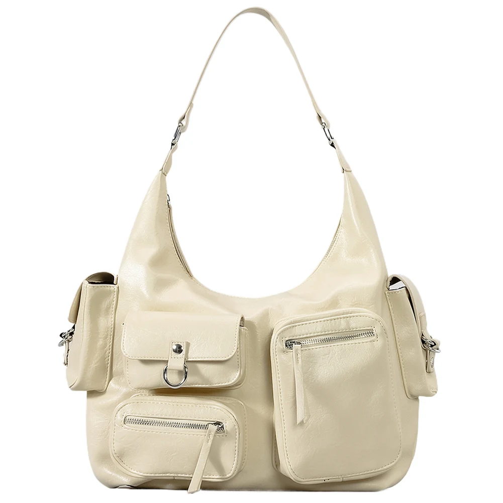 Sac fourre-tout grande capacité pour femme, sac à main sous les bras, sac à main rétro en PU, sac à documents monochromatique, multi-poches pour les voyages en plein air, style cool