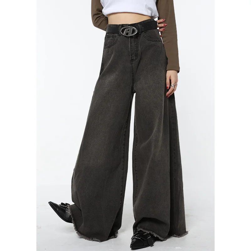 Dark Grey Women Jeans High Waist Oversize Vintage American Fashion Street Wide Leg Jean Female Denim Trouser Baggy Denim Pants