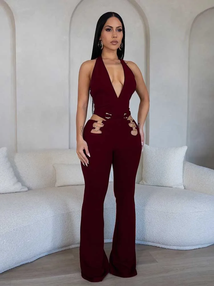 ホルターネックジャンプスーツワイドレッグ女性の夏服低背中の開いたジャンプスーツカットアウトウエストセクシーなジャンプスーツ卸売ドロップシッピング