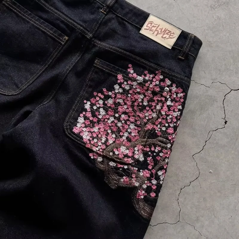 Y2K Jeans larghi Cherry Blossom Codolo Ricamo Pantaloni in denim uomo donna tessuto denim American Hiphop Streetwear Jeans a gamba larga