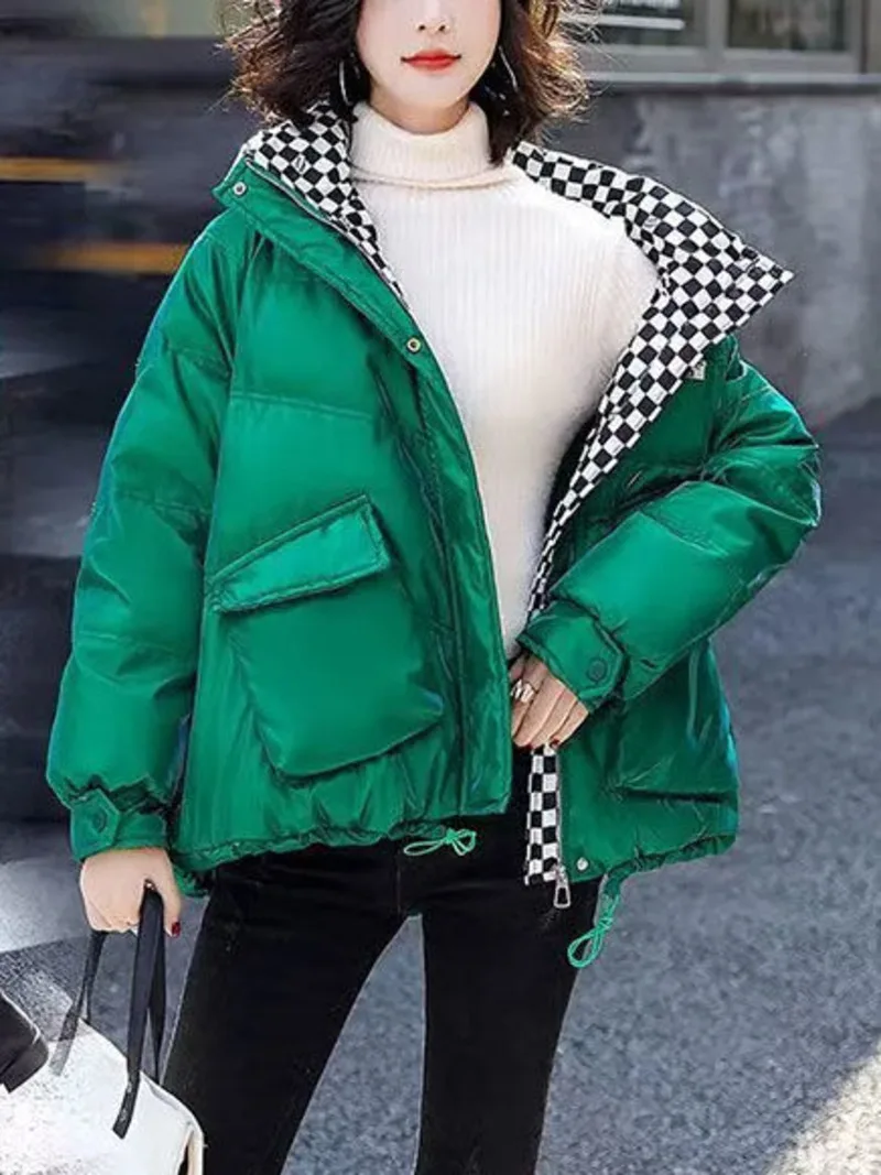 Shiny Clean Down Cotton Coat for Women 2024 Winter New Korean Checkered Cotton Coat Loose Warm and Wipable Cotton Coat Tide