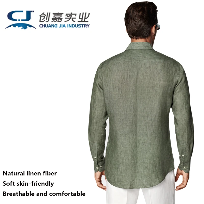 

High-end Pure Linen Men's Long Sleeve Shirt Dark Green Simple Top Temperament Men's Business Casual Cool Breathable Spring