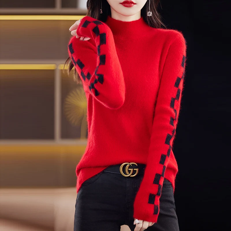 Fall/Winter  new women's color matching slim half-neck fashion sweater 100% mink velvet knit pullover top
