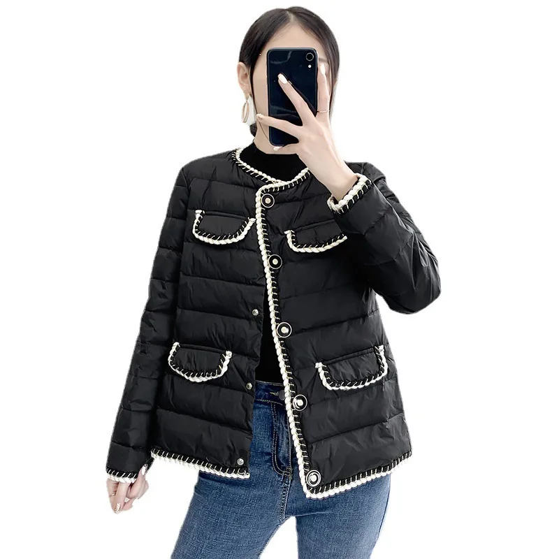 Female Autumn Winter 2022 New Padded Down Cotton Padded Jacket Slim White Black Round Neck Parkas Women