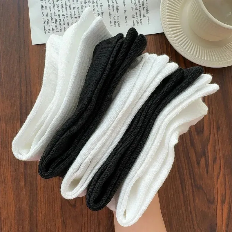 1/5pairs Pure Cotton Sports Socks Mid Calf Black White Stockings Soft Breathable Athletic Socks Soft Comfortable Solid Hosiery