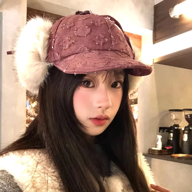 Retro Purple Thickened Plush Ear Protector Pilot Caps for Women Autumn Winter Travel Warm Versatile Fashion Strap Bomber Hats view 3