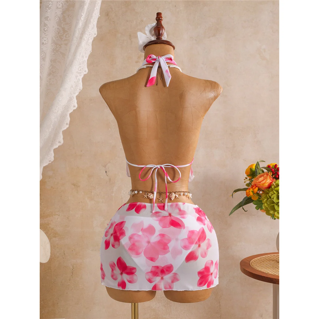 3D-Blumenmuster mit Rock, Neckholder-Bikini, Damen-Badeanzug, dreiteiliges Bikini-Set, Badebekleidung, Badeanzug, Schwimmbekleidung V8422 – Detail 8