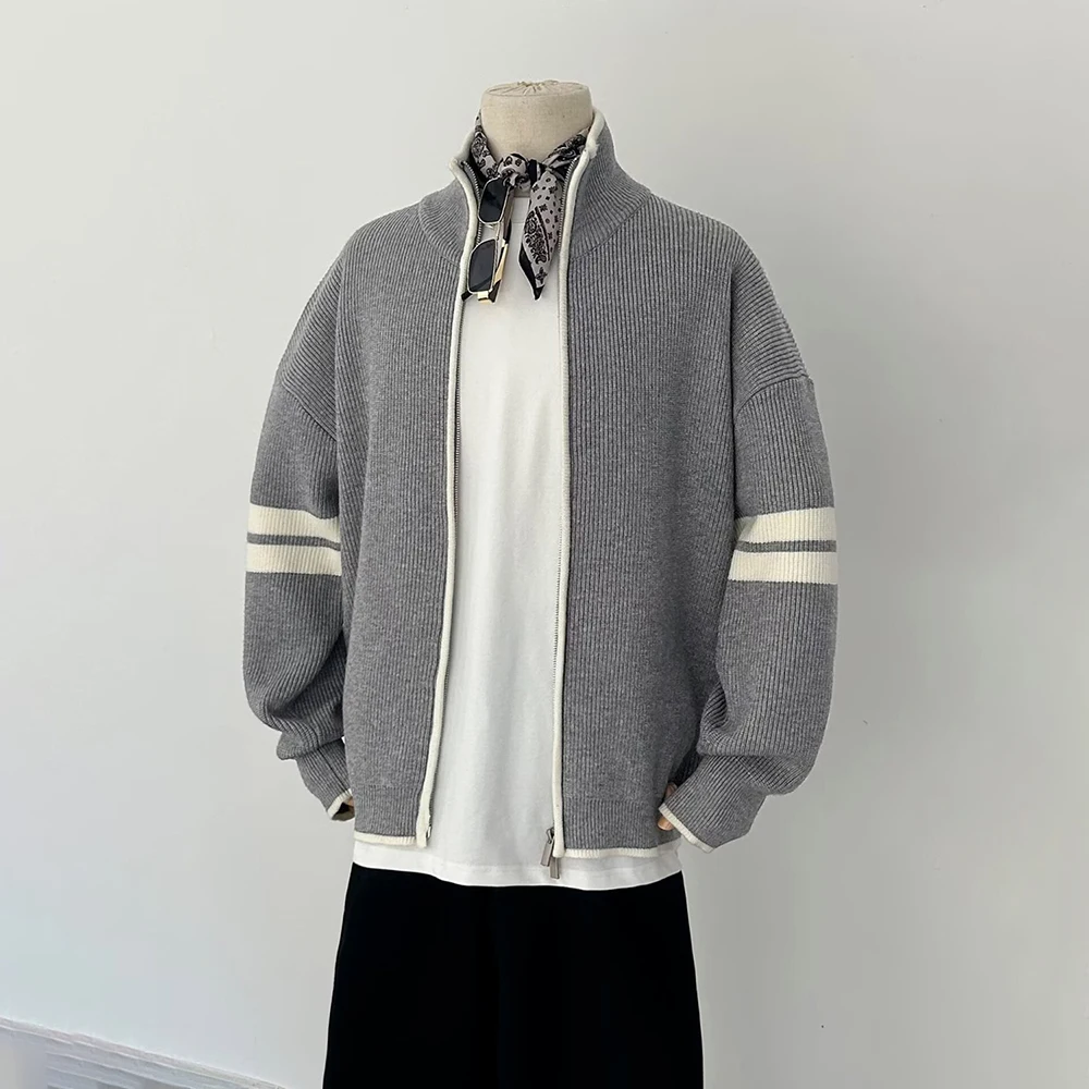 Mens Plain Striped Knit Cardigan Streetwear Fashion Outdoor Versatile Daily Versatile Long Sleeve Stand Collar Casual Top 2026
