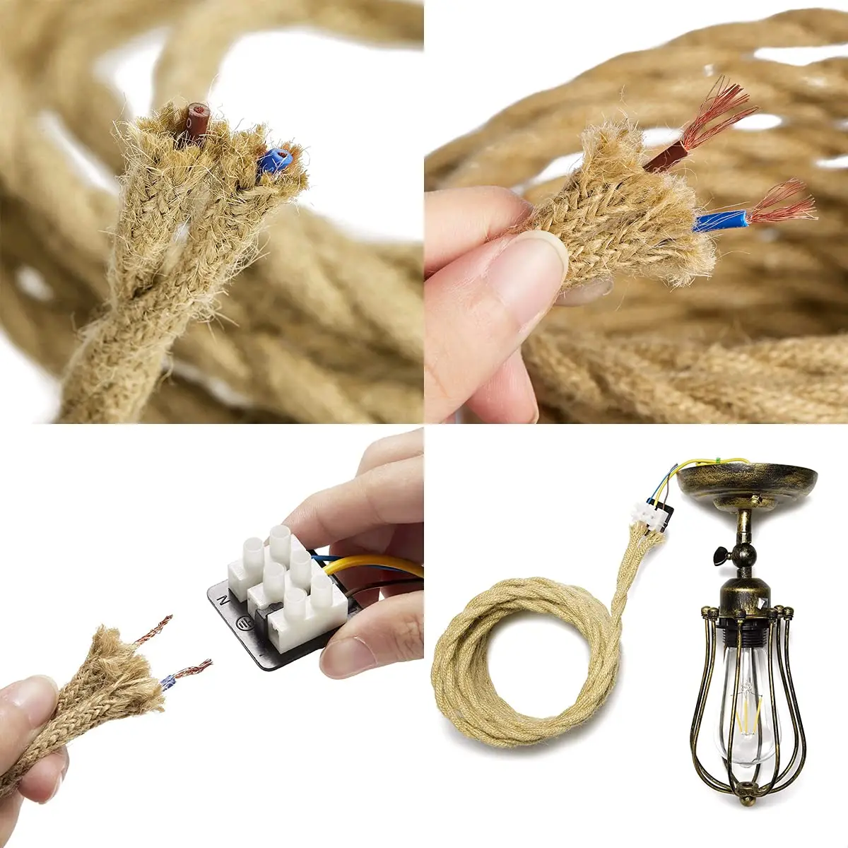 0.75mm² 2 Core Twisted Cable Hemp Rope Electrical Wire Retro Style Copper Vintage Lamp Cord Woven Textile Wire Pendant Light