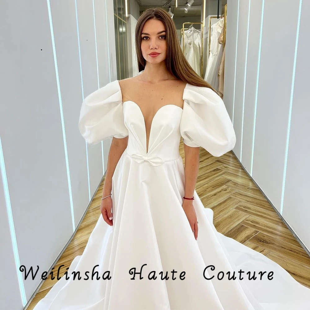 Personalizado weilinsha branco com decote em v vestidos de casamento de manga curta para senhoras arco 2022 novo estiramento cetim vestidos de noiva trem varredura ro