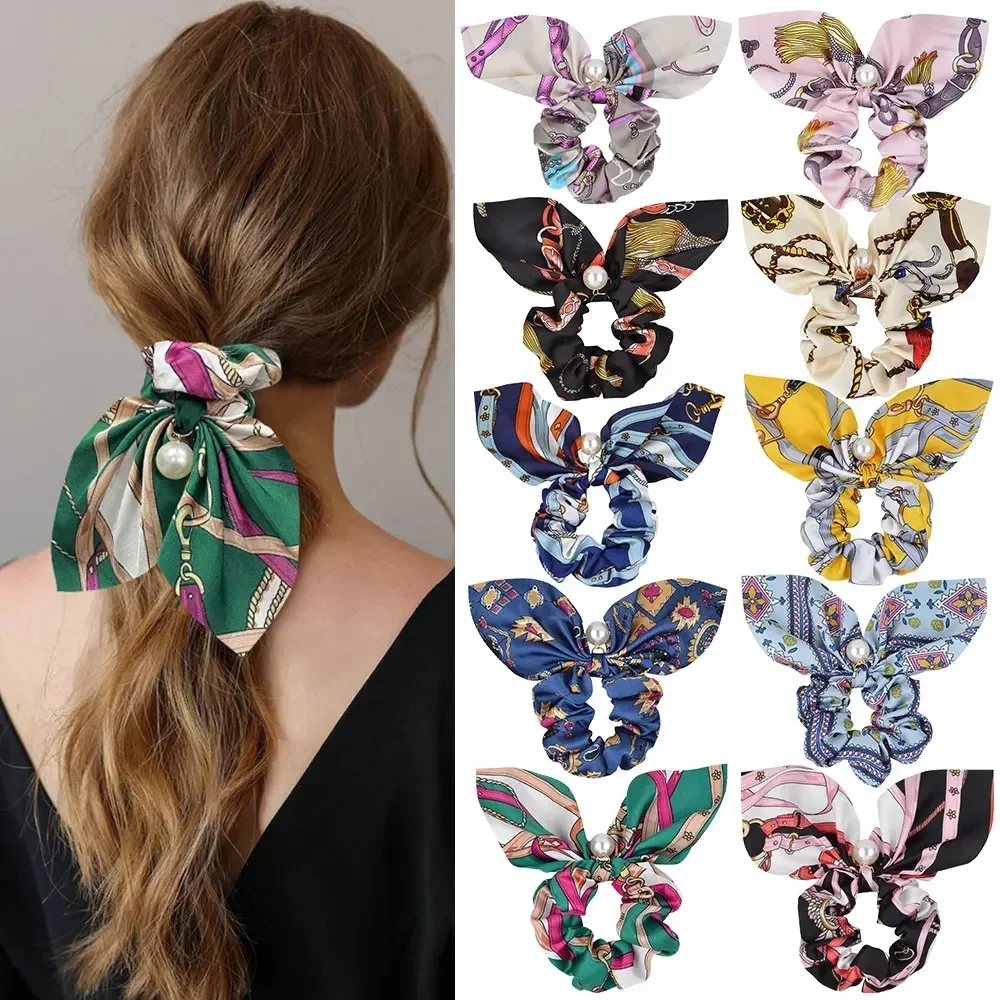 1pcs New Chiffon Bowknot Silk Hair Scrunchies Pearl Ponytail Holder Hair for Women Girls Rubber Bands Hair Accessories