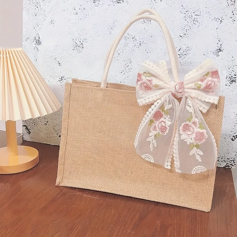 6PCS Natural Jute Tote Bag Handmade Drawstring Shopper - Reusable Cotton Linen Fabric Gift Pouch for Beach Wedding Favors