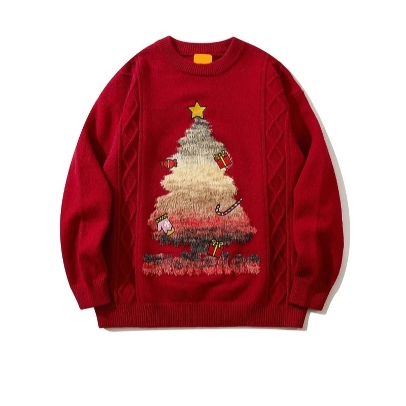 Sweter Rajutan Modis Musim Dingin Pasangan Gaya Musim Gugur Musim Dingin Tahun Baru Kasual Pohon Natal Serasi Pullover Leher Bulat Pria