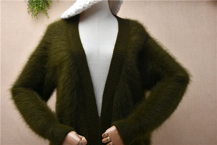 Ladies Women Fall Winter Green Hairy Mink Cashmere Knitted Long Sleeves V-Neck Loose Cardigan Mantle Angora Fur Coat Sweater Top