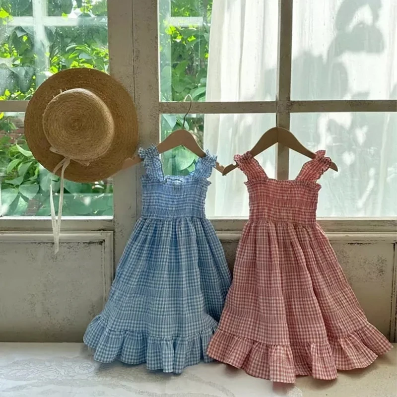 0-7 Years Girls Clothes Summer Ruffles Lace Kids Smocked Dresses for Toddler Girls Clothing Children Plaid Bohe Style Dress