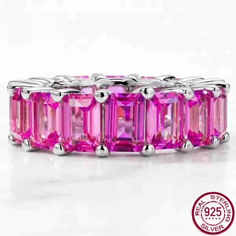 Yaranyan 925 Sterling Silver 4 * 6 MM Emerald Cut Lab Sapphire High Carbon Diamonds Gemstone Wedding Band Ring Fine Jewelry