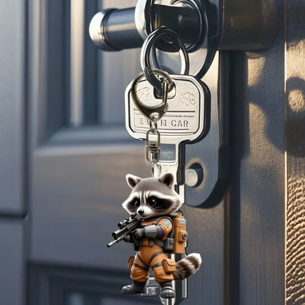 2D Cute Raccoon Soldier Keychain Cartoon Animal Themed Pendant Flat Acrylic Hanging Charm for Backpacks Bags Festive Gifts Decor