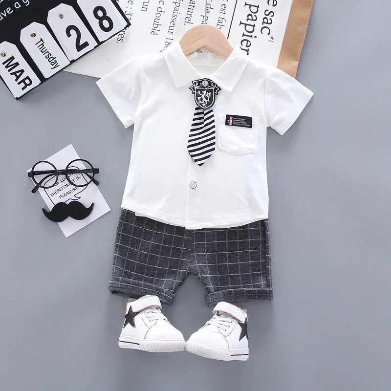 New Summer Children Fashion Tracksuits Baby Boys Girls Shirt Shorts 2Pcs/Sets Kids Gentleman Cotton Clothes Infant Sportswear