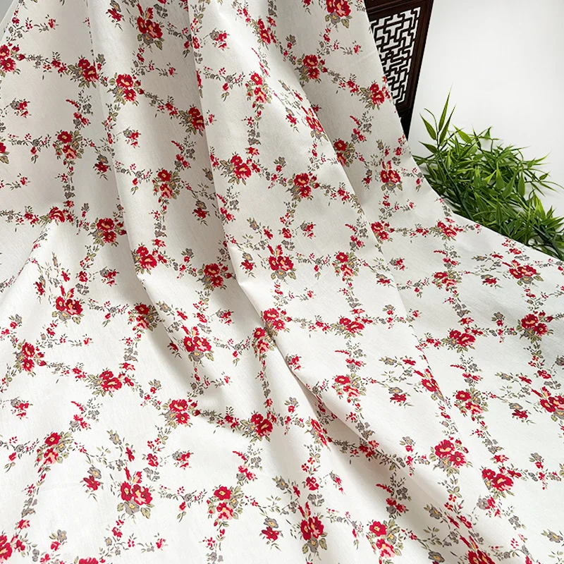 140x50cm Rhombus Vine Flower Cotton 40s Poplin Digital Printed Fabric for Clothing Shirts Dresses Garment Material Sewing Cloth