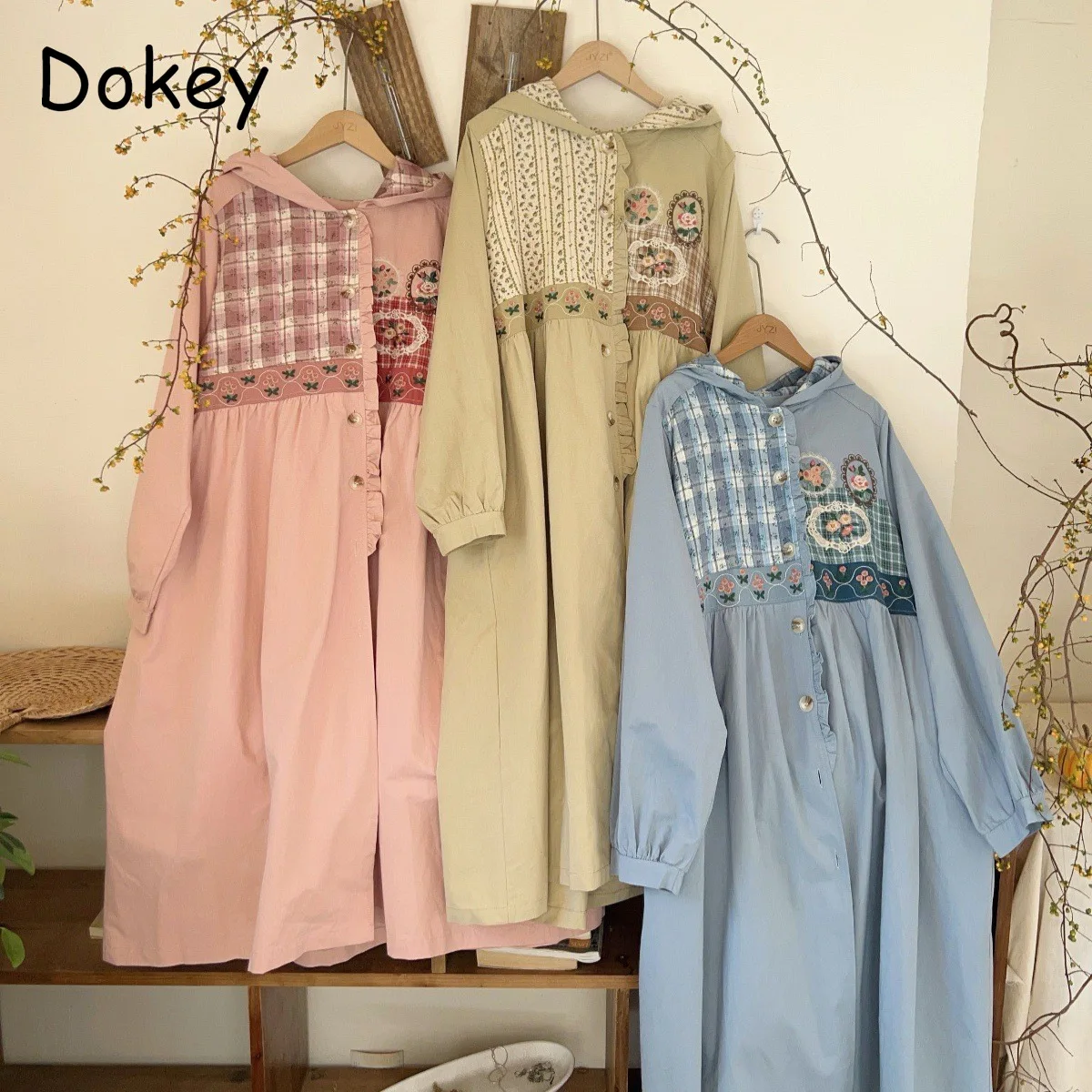 

Vintage Embroidery Patchwork Long Hooded Trench Coat Women Autumn Japanese Mori Girl Kawaii Ruffled Windbreaker Jackets Female