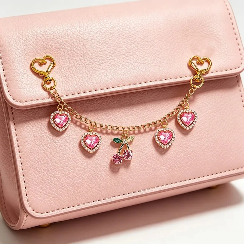 Fashion Alloy Bag Charm Cherry Heart Shape Glass Stone Inlaid Handbag Dangle Key Chain Ornament Daily