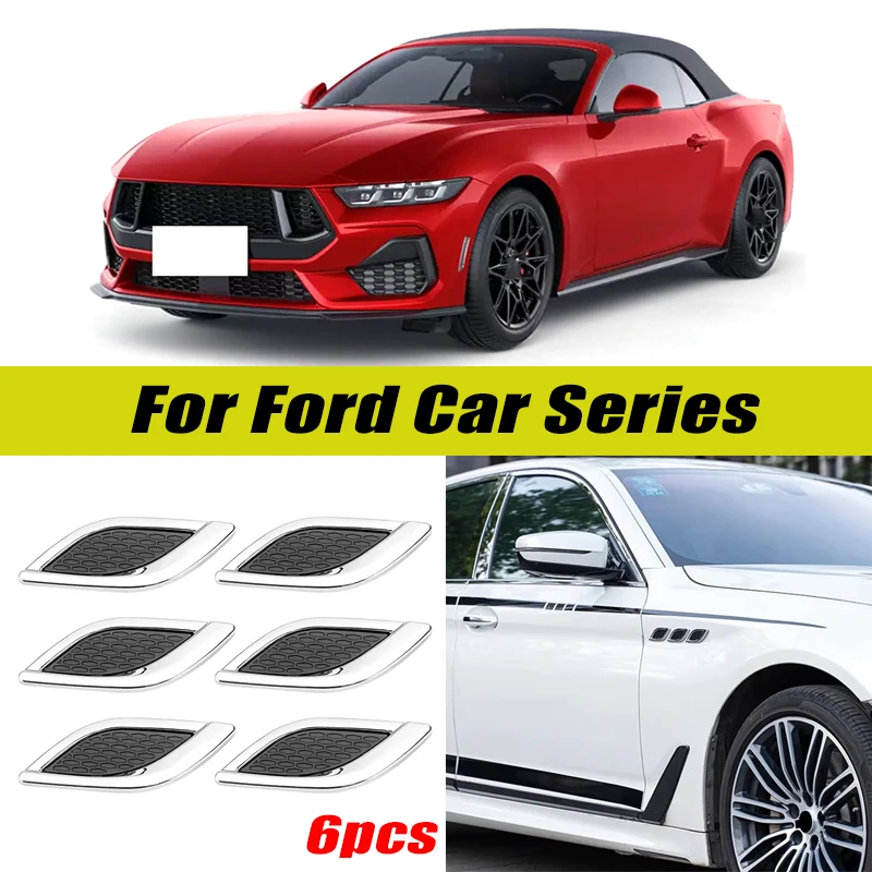 6Pcs Chrome / Black 3D Car Side Fender Air Vent Hood Scoop Outlet Cover Decorative Trim For Ford Focus Fiesta Mustang Escape