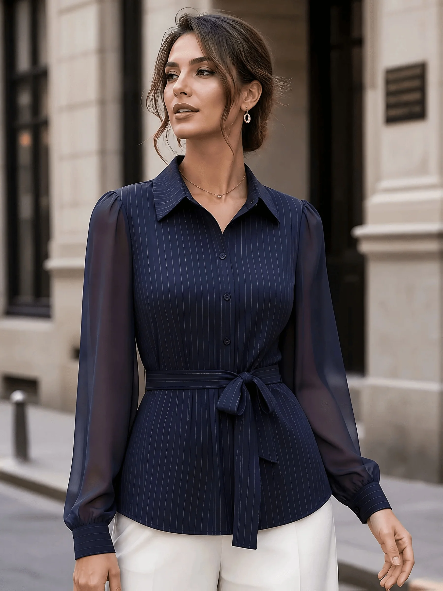 Women’s Navy Blue Pinstripe Blouse, Long Sheer Sleeves, Turn-Down Collar, Button Front, Tie-Waist Elegant Office Shirt