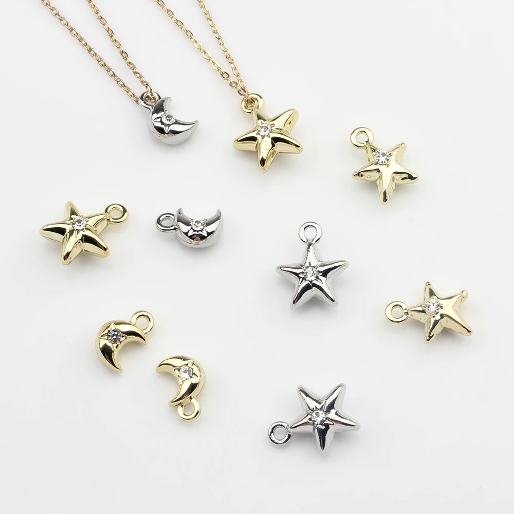 Zinc Alloy Charms Handmade Point Drill Mini 3D Star Moon Charms 10pcs For DIY Charms Jewelry Making Bulk Wholesale Nickel Free