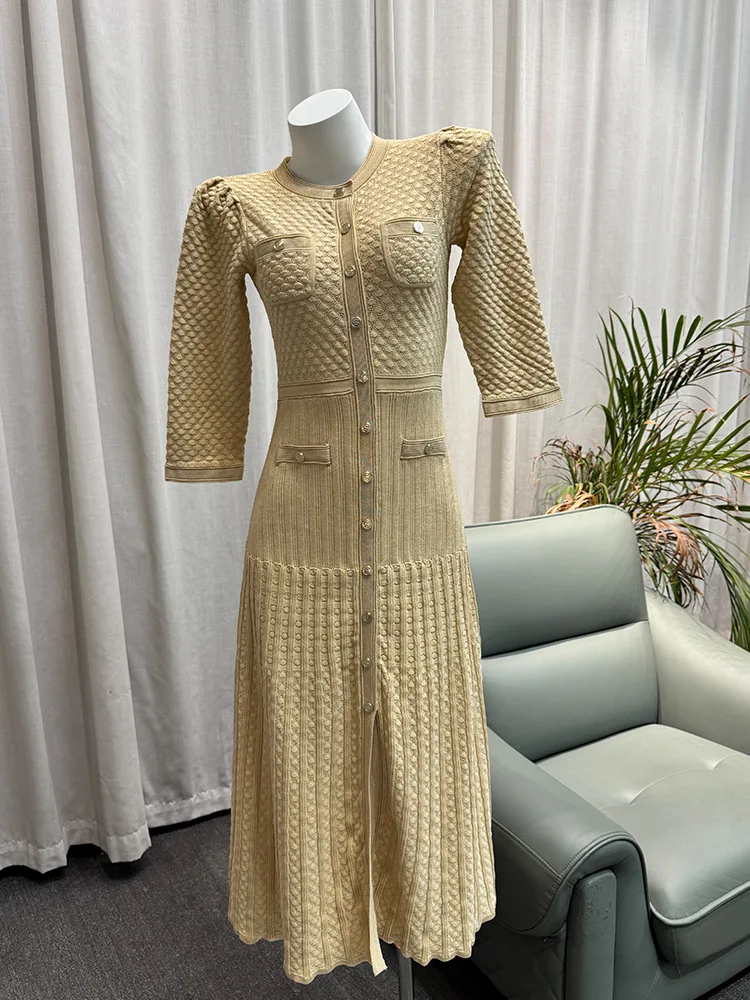 CHUJIE 2025 Robe d'été d'inspiration française – Midi en tricot transparent avec accent de boutons, coupe défini à la taille en kaki/bleu