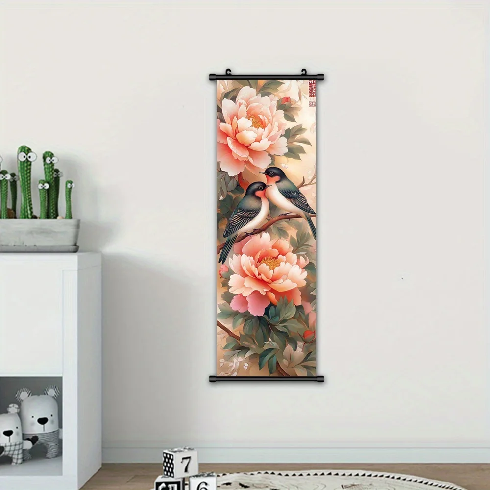 VIKAMA Peony Birds Canvas Wall Art Framed Painting Floral Scroll Home Decor Living Room Bedroom Christmas Gift