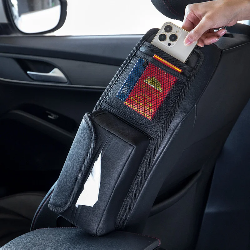 

Advanced Car Seat Side Pockets PU Leather Driving Seat Hanging Bag Mobile Phone Storage Bag Auto Tissue Box Holder Cards Pocket