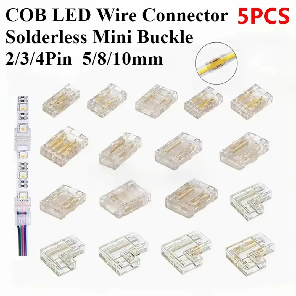 5Pcs/Set Mini Buckle COB Connector 2/3/4Pin Solderless L-Shaped Corner Transparent LED Tape Light Connectors
