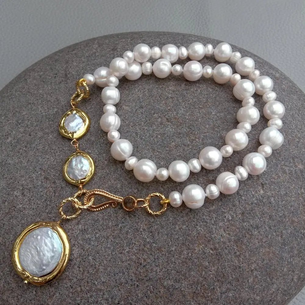 Y·YING Cultured White Potato Pearl Coin Pearl Charm Choker Necklace Handmade Necklaces