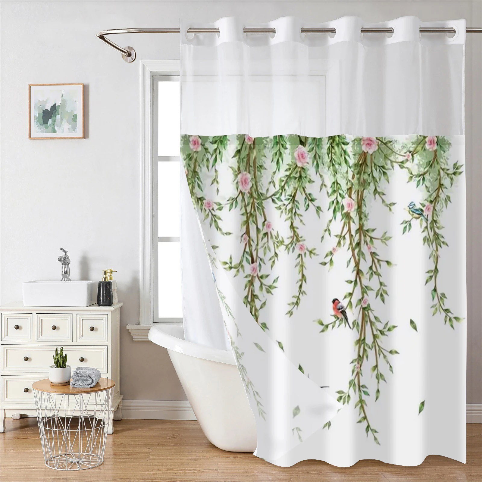 

Занавеска для душа без крючка с цветочным принтом и птицами, тканевая подкладка, прозрачное верхнее окно, водонепроницаемая двухслойная занавеска для ванны