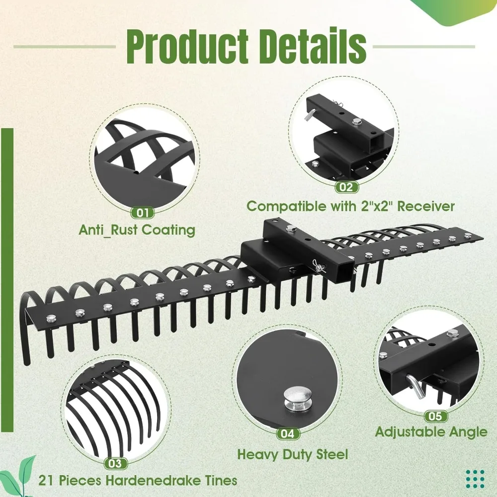 60 Inch Landscape Rake, 3 Point Attach Rock Rake Fit for 2 Inch Receiver with 360 Degree Rotation, Tow-Behind Garden Tool for Co